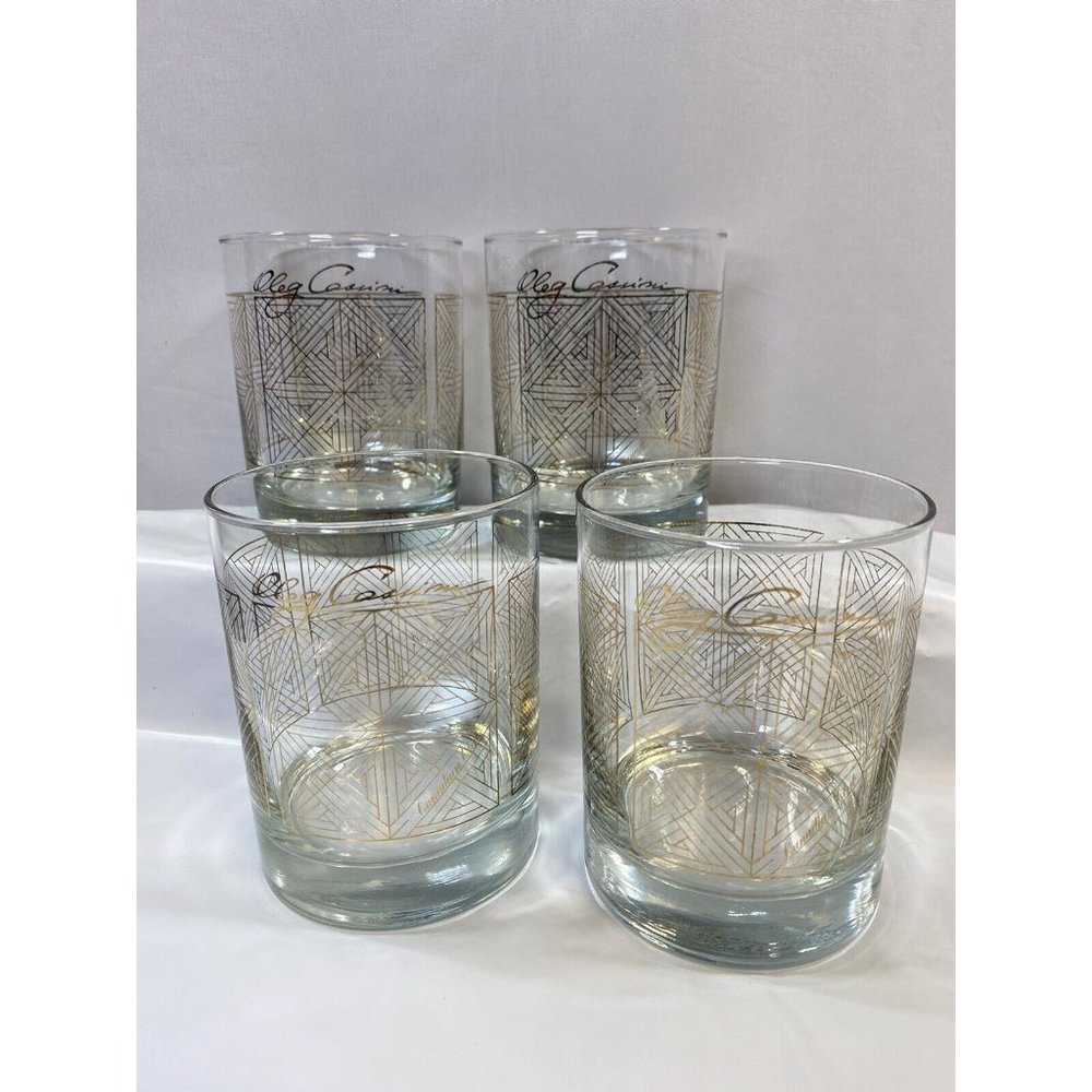 Vtg MCM Designer Oleg Cassini Canadian Club 4 RocksGlass Tumblers Gold Trim